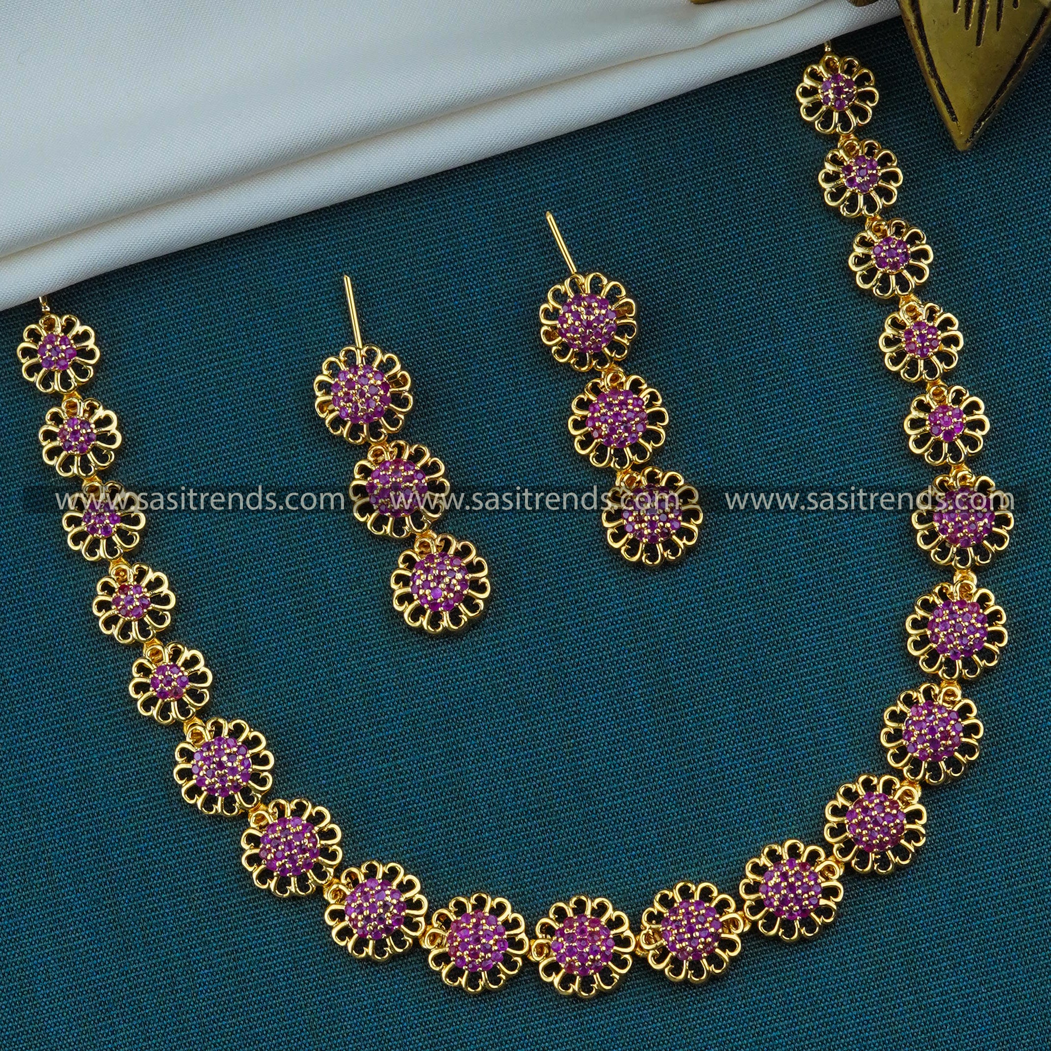 Floral Design Micro Gold Plated Necklace Set with American Diamond Stones - Sasitrends