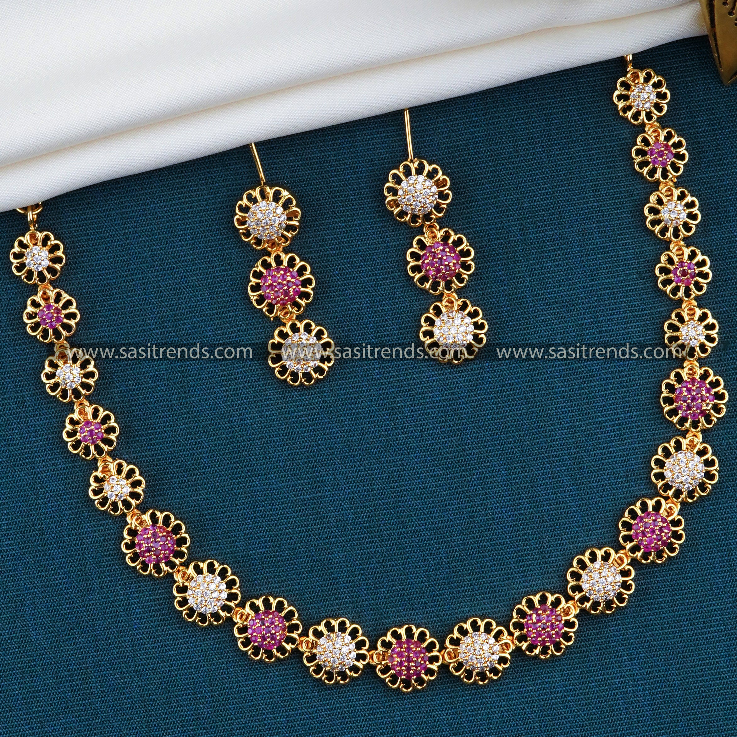 Floral Design Micro Gold Plated Necklace Set with American Diamond Stones - Sasitrends