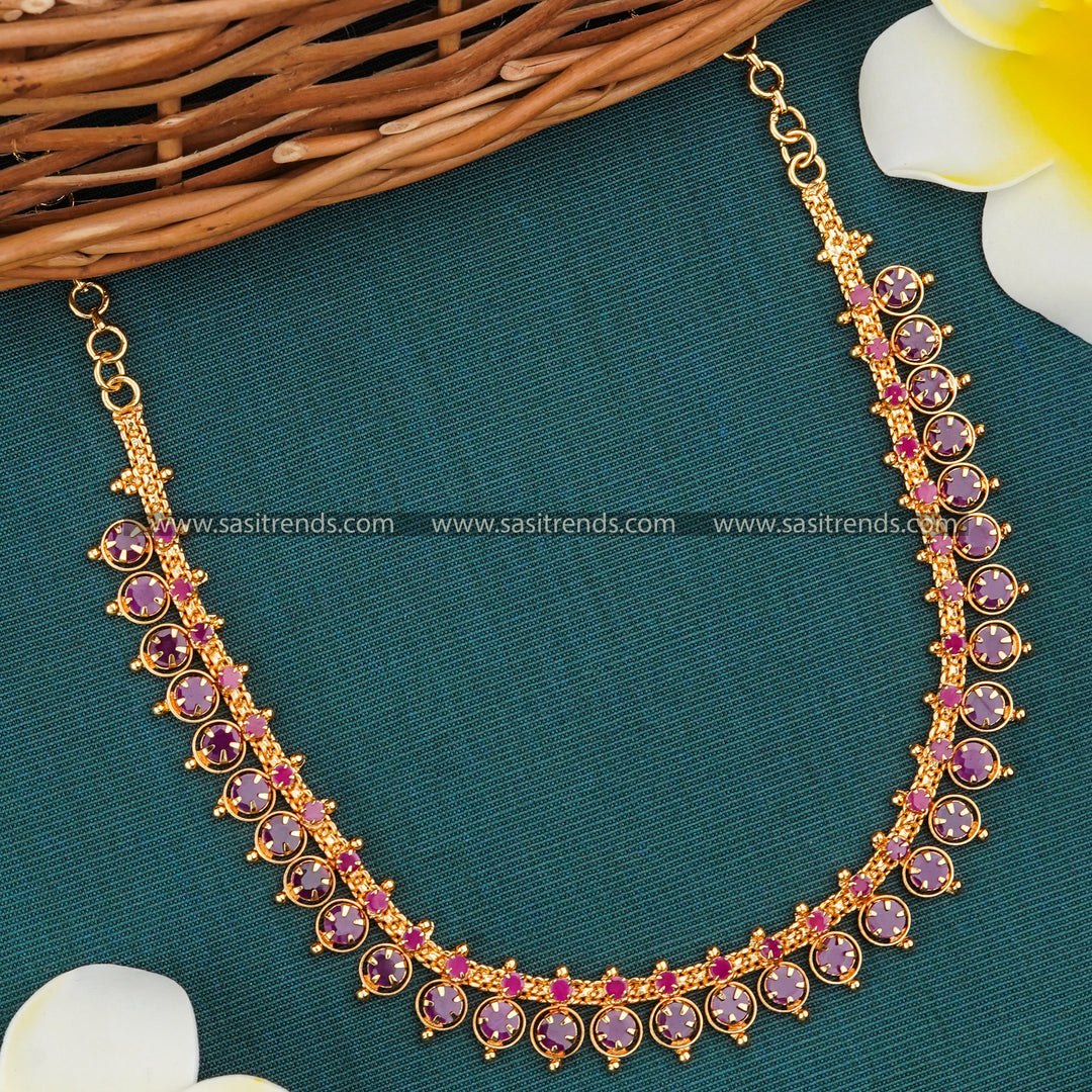 1 Gram Micro Gold Plated Necklace Set with Soldered AD Round Stones & Stone-Studded Circle Pattern - Full Ruby