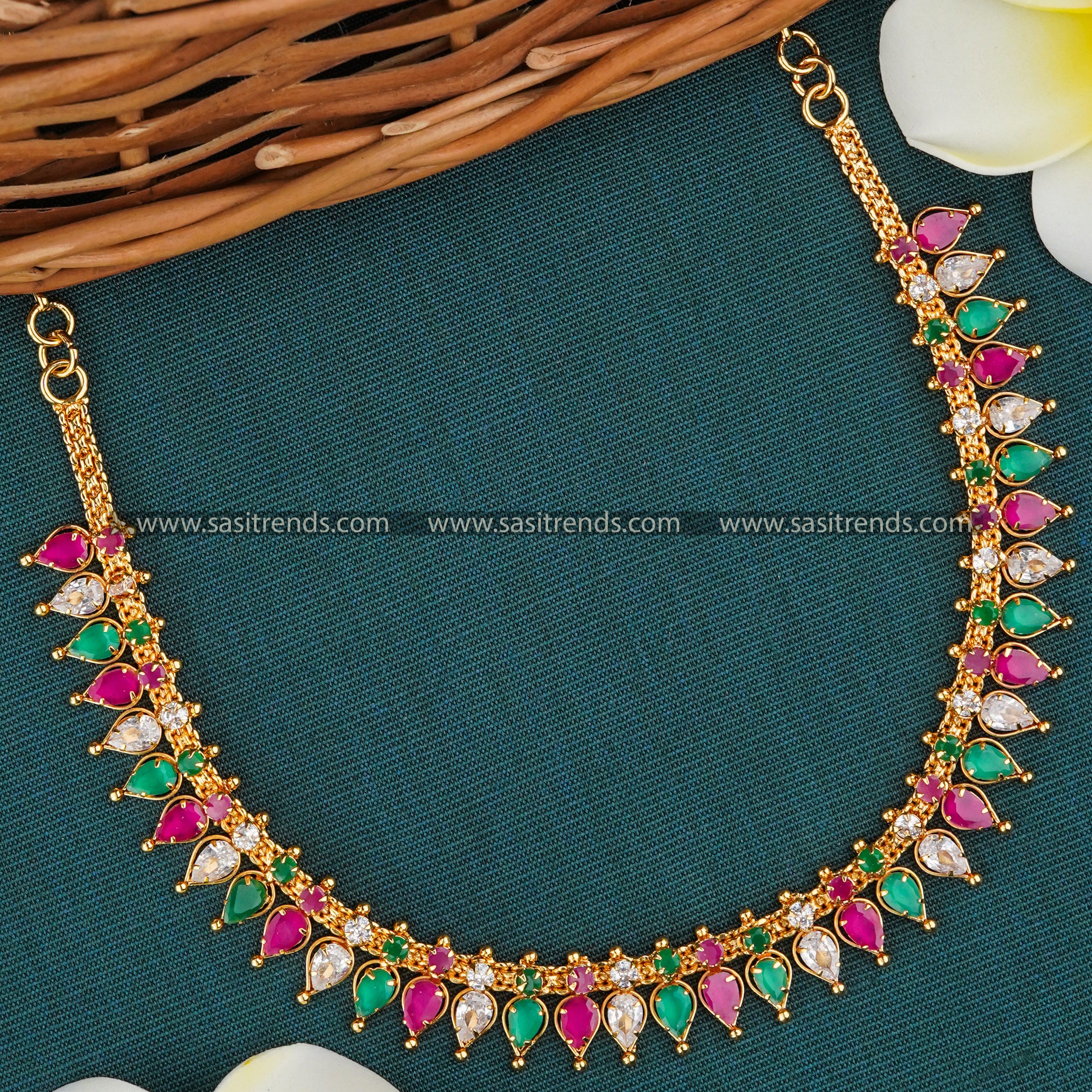 Elegant Micro Gold-Plated Necklace with Tilak Design Stones and American Diamond Embellishments - Sasitrends