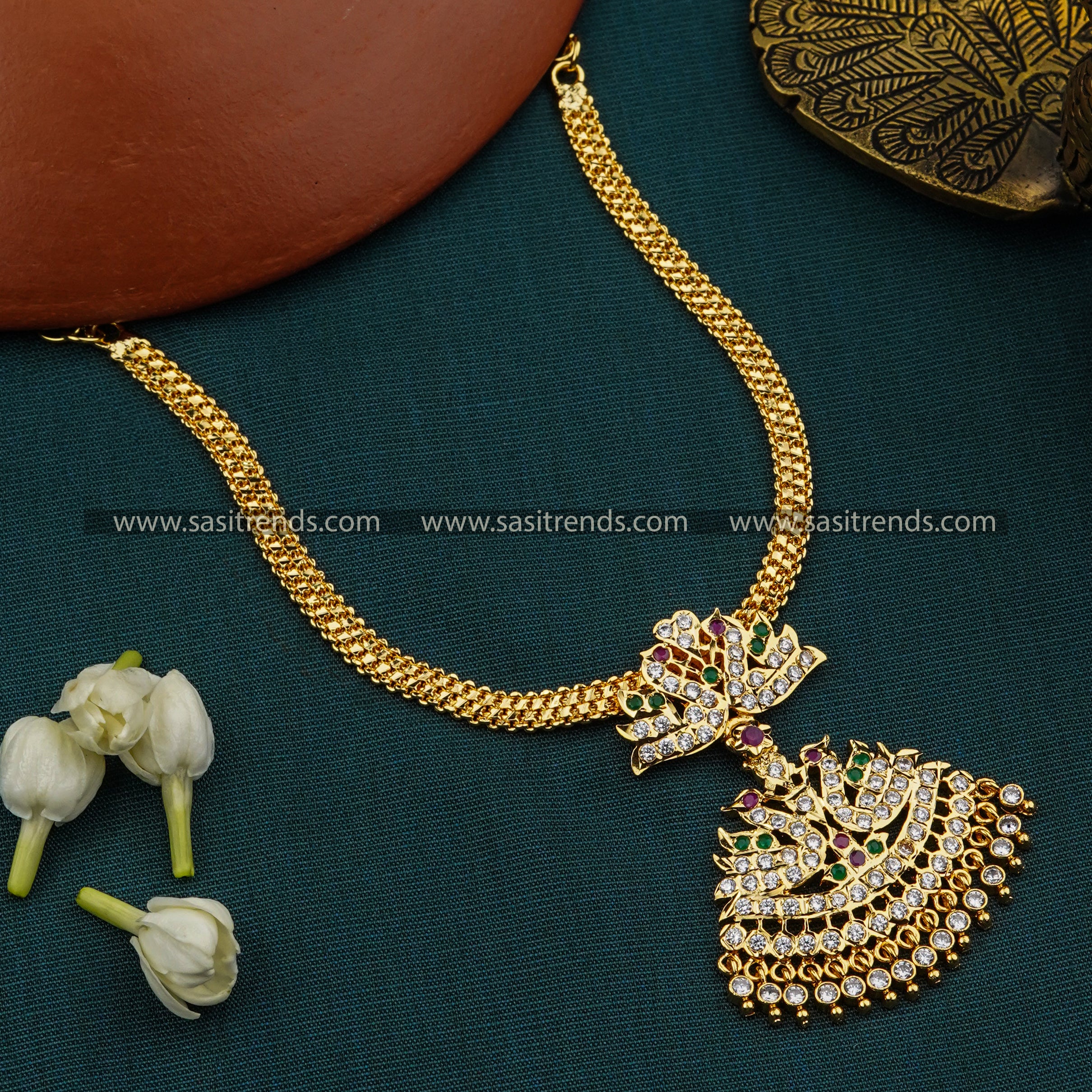 Exquisite Multi-Color Ducks Aadigai Necklace, Micro Gold Plated - One Gram