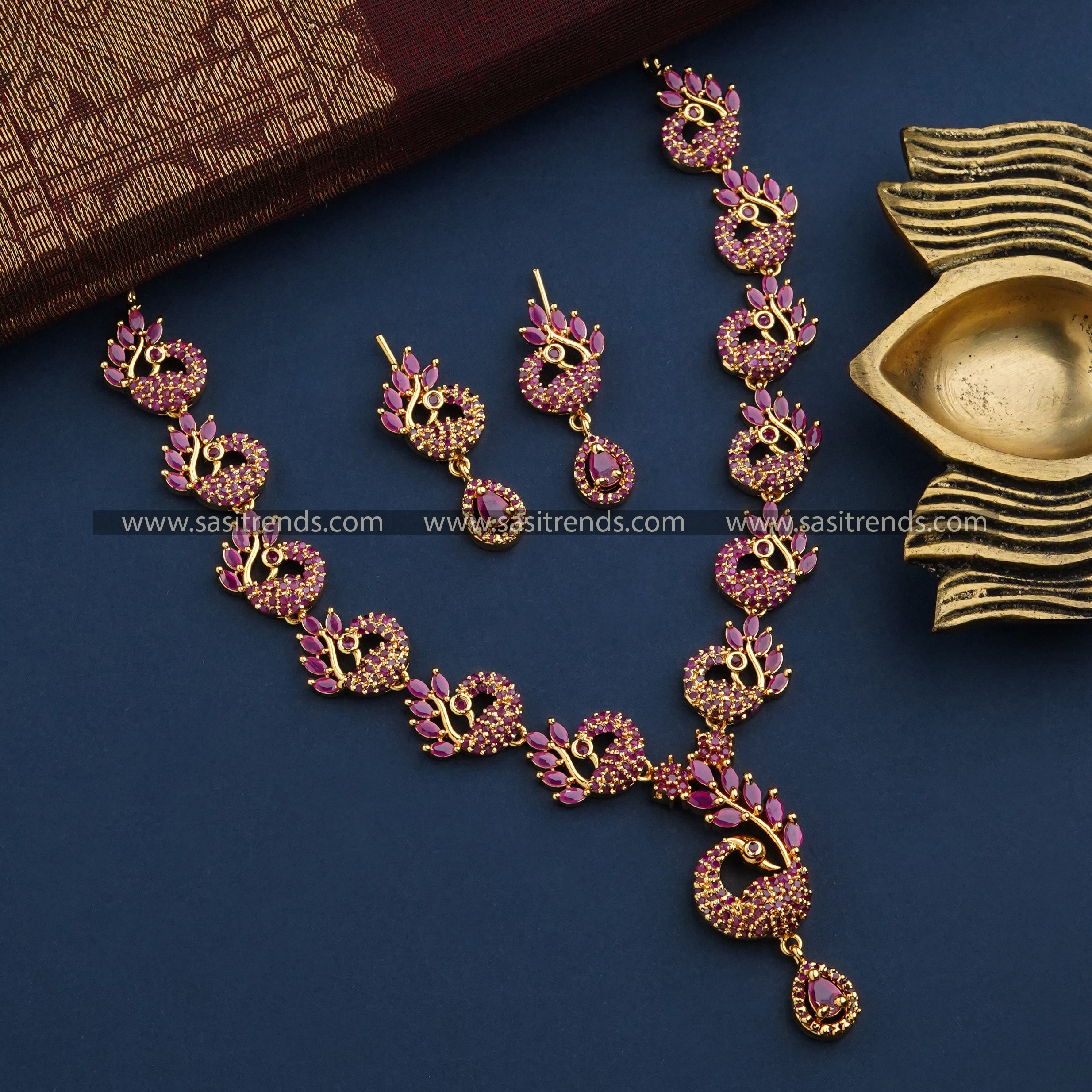 Stunning Full Ruby Necklace - One Gram Gold Plated Cascading Necklace with Earrings