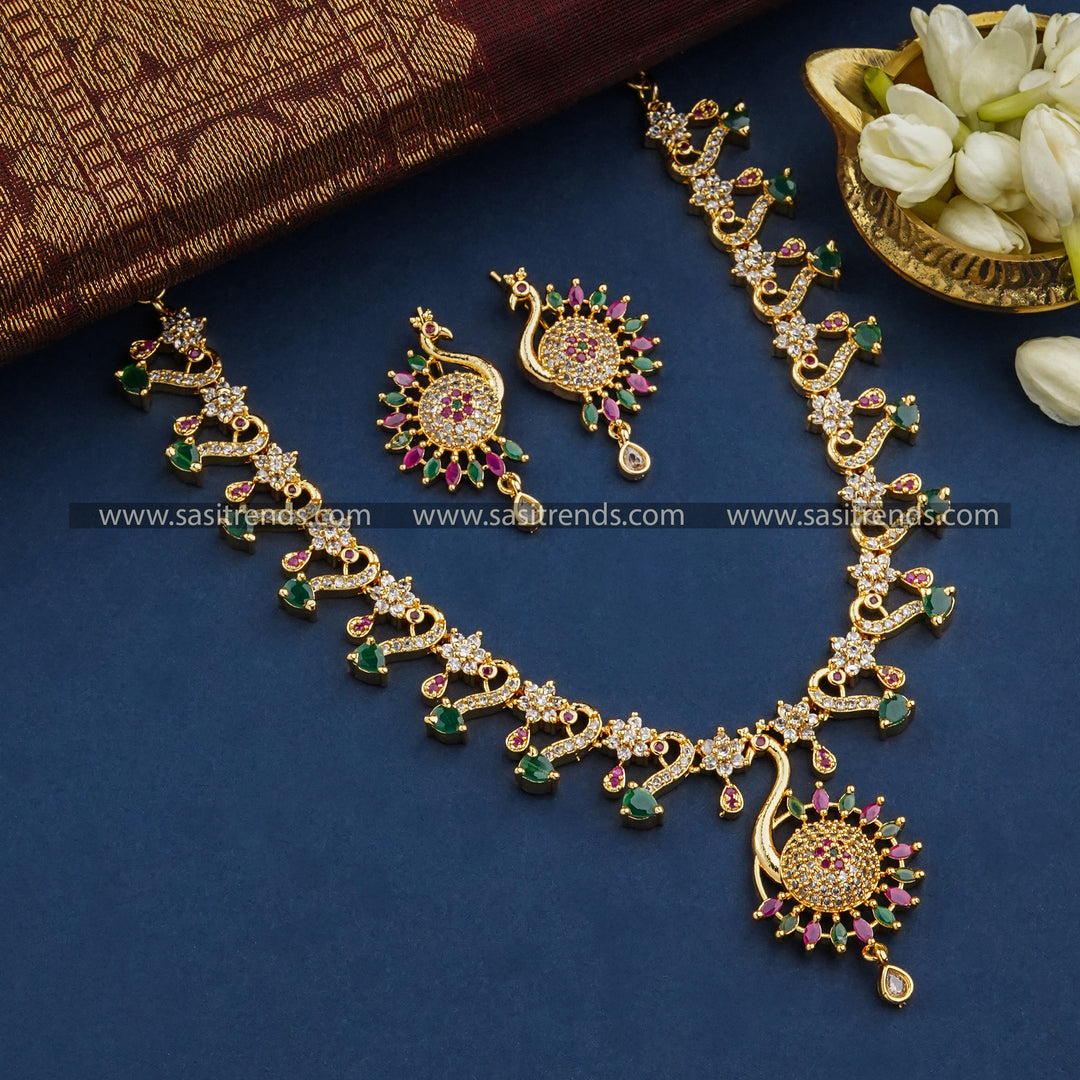 Exquisite Micro Gold Plated Multi-Color Peacock Pendant Necklace Set - Traditional Jewelry