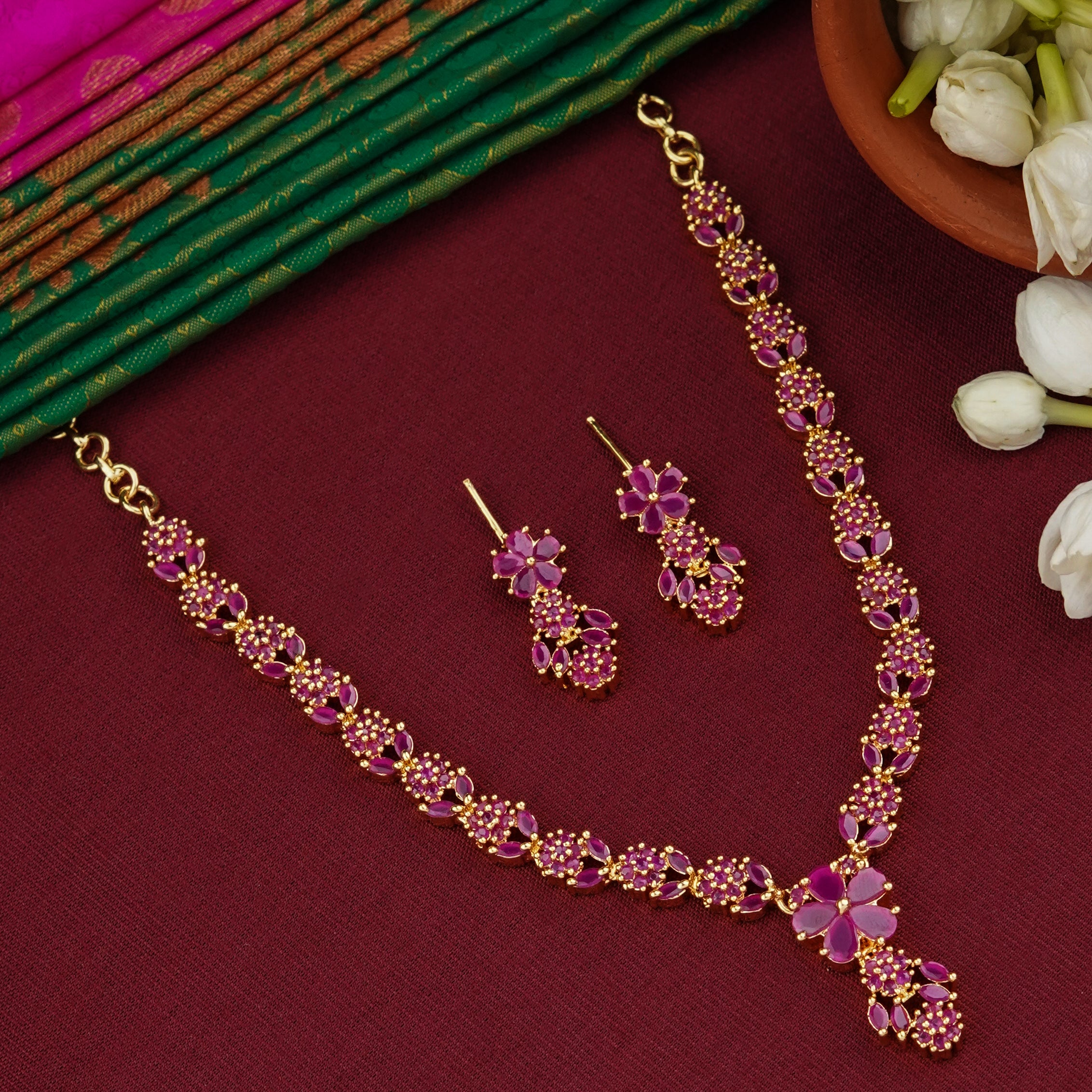 One Gram Gold Plated Ruby-Colored Flower and Leaf Necklace Set with Earrings - Elegant and Sparkling Jewelry