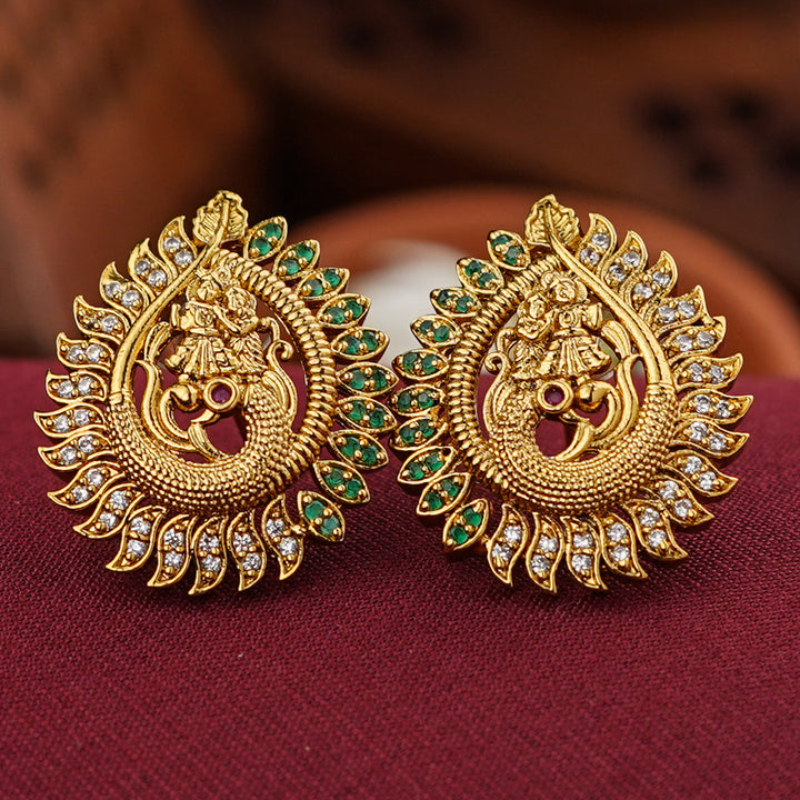 Mystical Dance: Temple Matte Gold Plated Radha Krishna on Peacock AD Stud Earrings