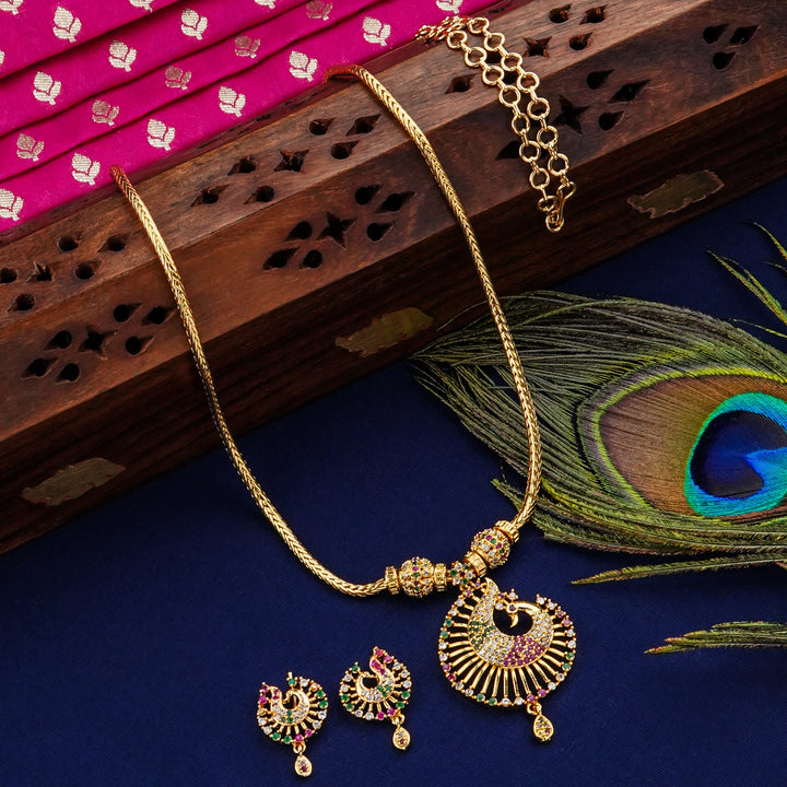 Delightful Peacock Pendant Ball Necklace Set | Micro Gold Plated & Studded with American Diamonds - Sasitrends