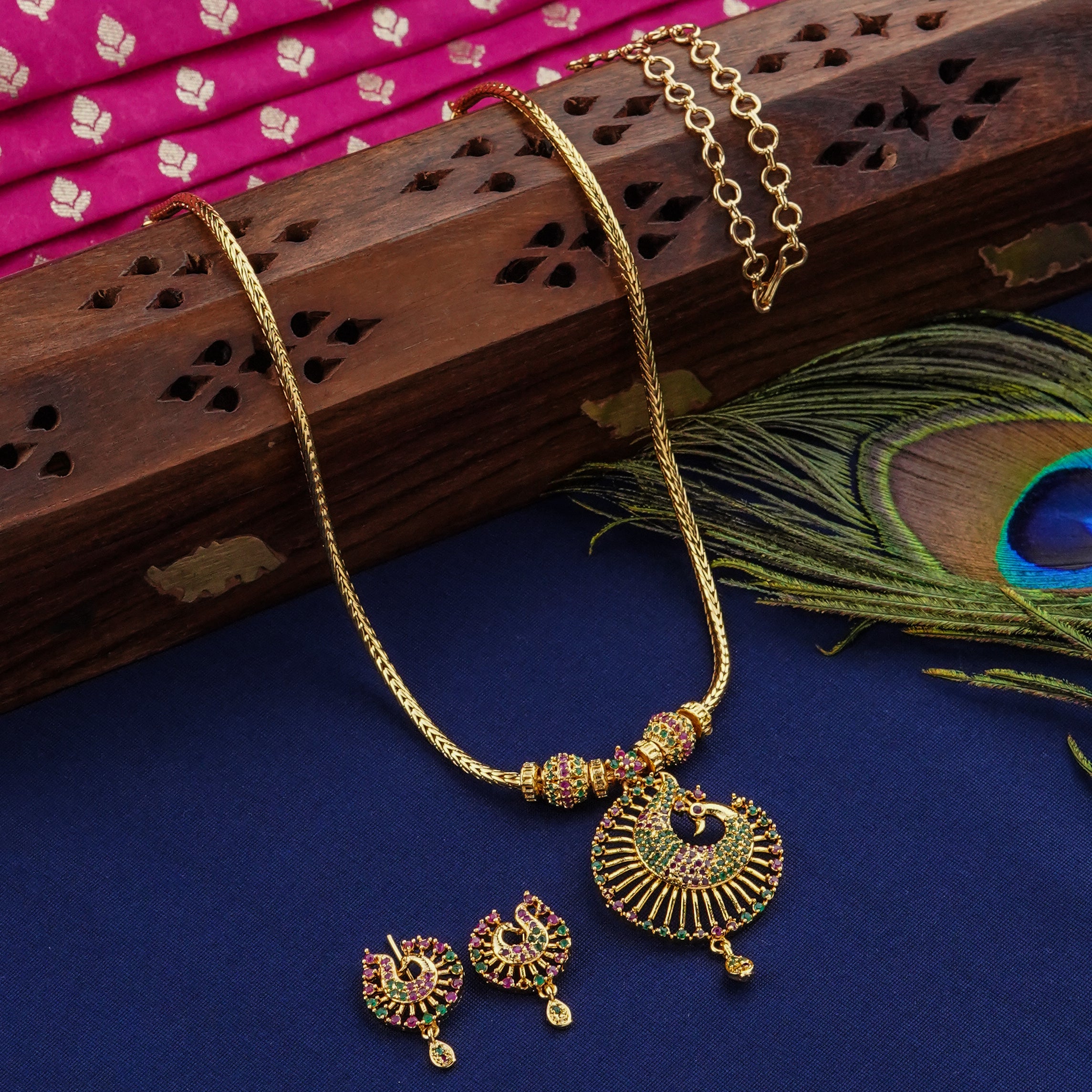 Delightful Peacock Pendant Ball Necklace Set | Micro Gold Plated & Studded with American Diamonds - Sasitrends