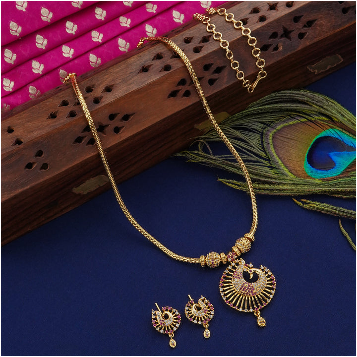 Delightful Peacock Pendant Ball Necklace Set | Micro Gold Plated & Studded with American Diamonds - Sasitrends