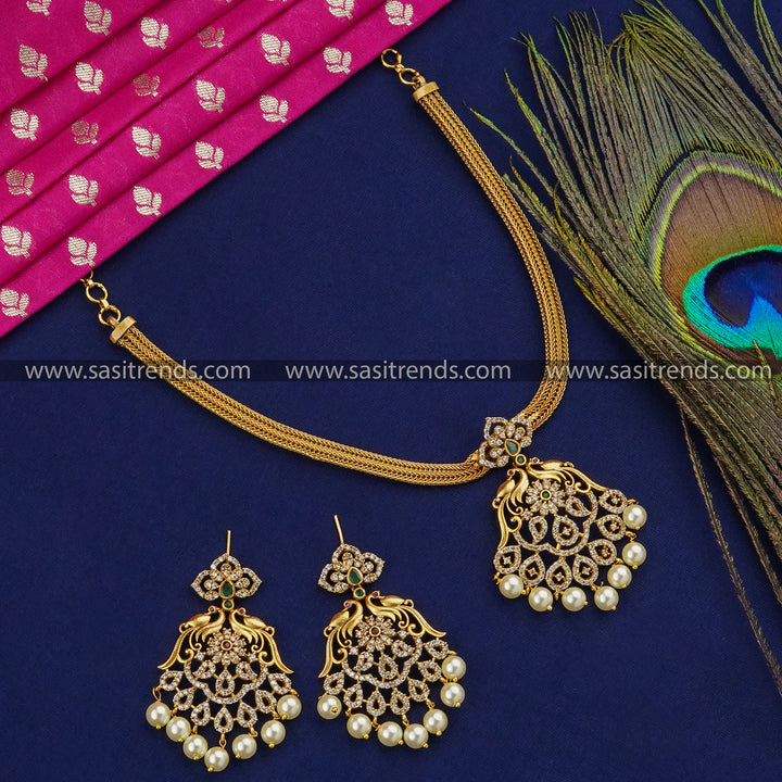 New Temple Attigai Matte Gold Tone Jewellery Set, CZ Accents | Sasitrends