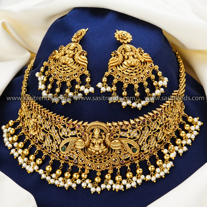 Stunning Lakshmi Peacock Choker Jewellery Set - Temple Matte Gold Plated AD Bridal Jewellery | Sasitrends