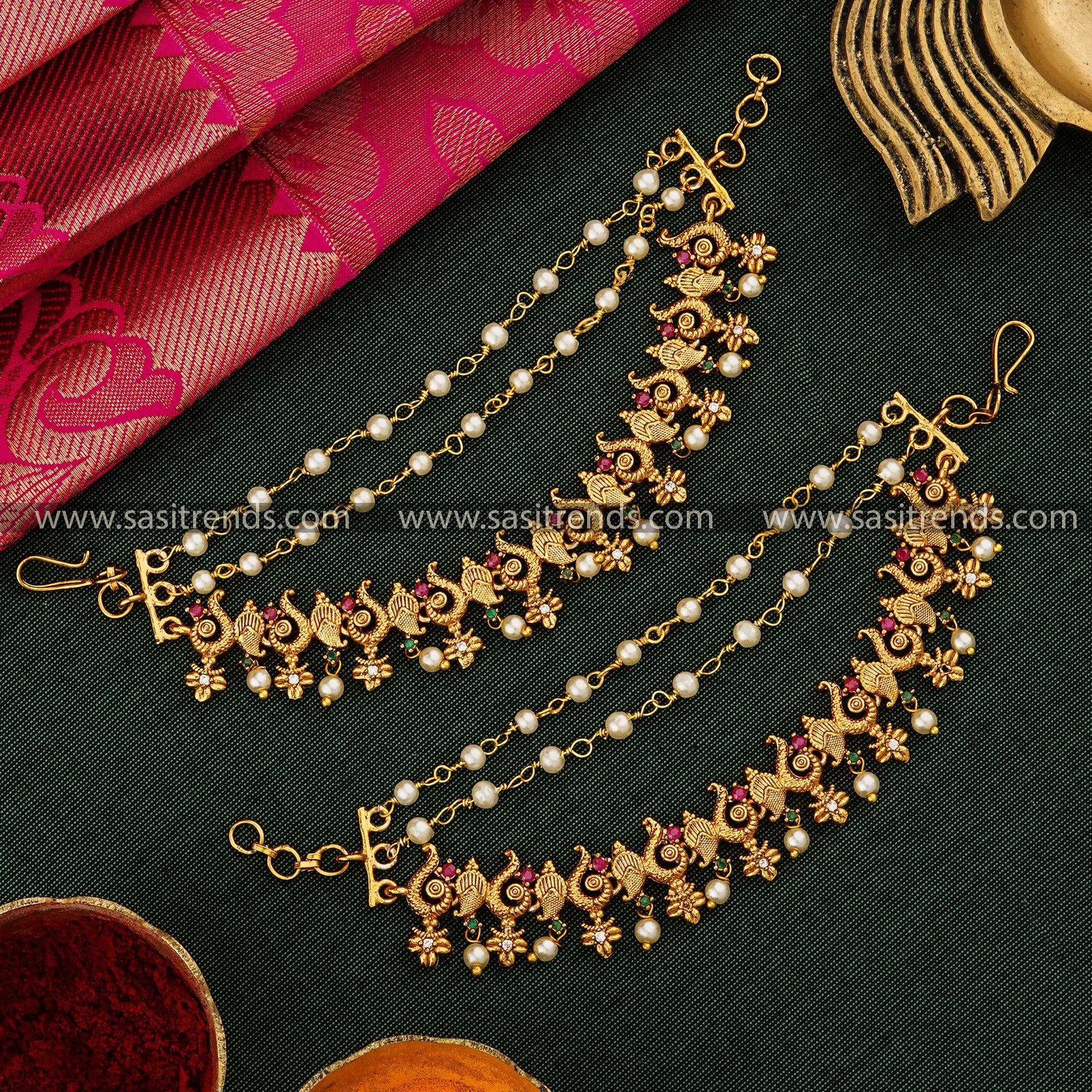 Elegant Peacock Mango Ear Chain Mattal with Pearls & Gemstone Accents - Ideal for Indian Weddings & Ethnic Looks