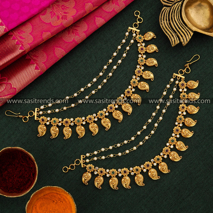 Enchanting Temple Matte Gold Tone Mango Mattal Matils Ear Chain Bridal Delight | Sasitrends