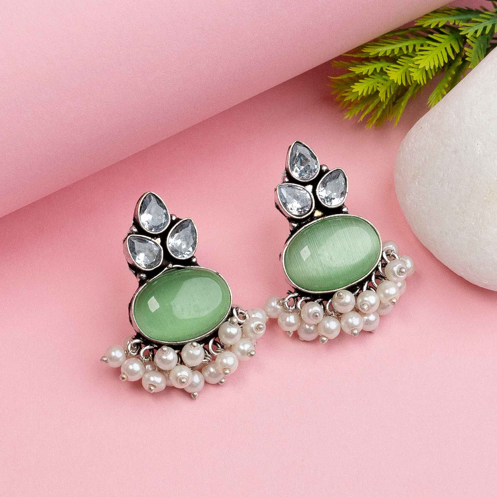 Graceful Light Green Oxidised German Silver Earrings with Monalisa AD Stone and Pearl Dangler