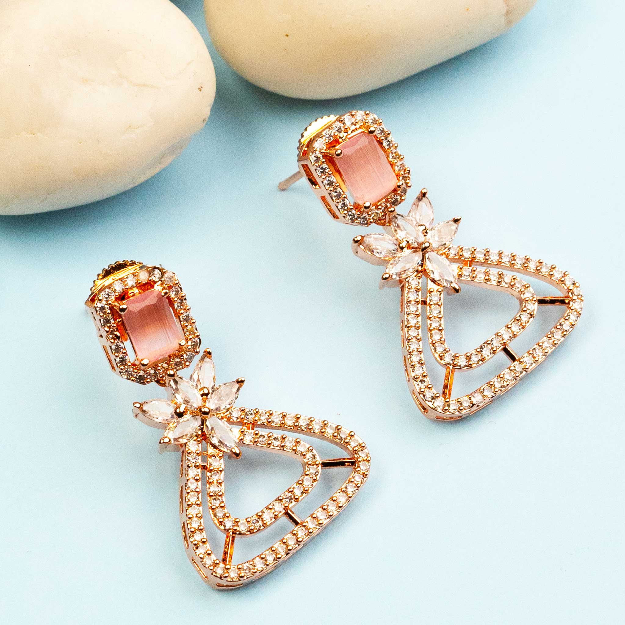 Charming Rose Gold Earrings with Pink American Diamonds - Matching Earring