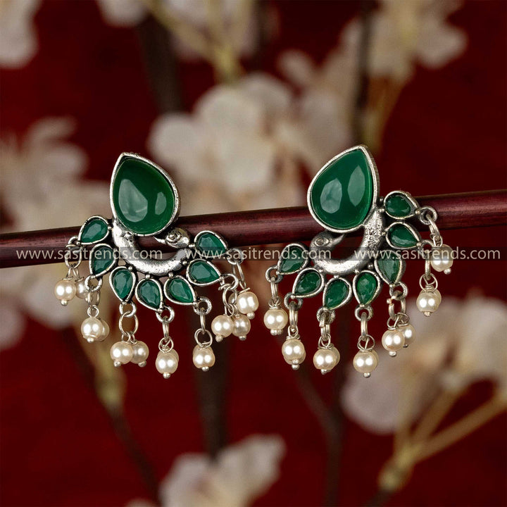 Dark Green Stone Studded Peacock Designer Trendy Oxidised Earrings Sasitrends Online Shopping