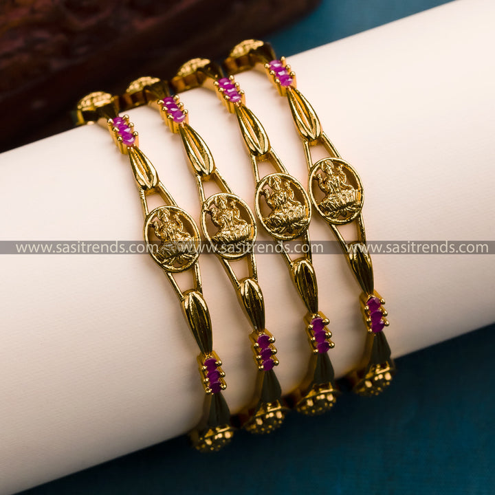 Traditional Lakshmi Oval Bangles, Dark Temple Gold Finish, Studded with AD Stones - Perfect for Festivals & Weddings!