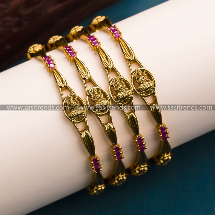 Traditional Dark Temple Gold Plated Lakshmi Oval Bangles with AD Stones - Perfect for Weddings & Festivals! - Sasitrends