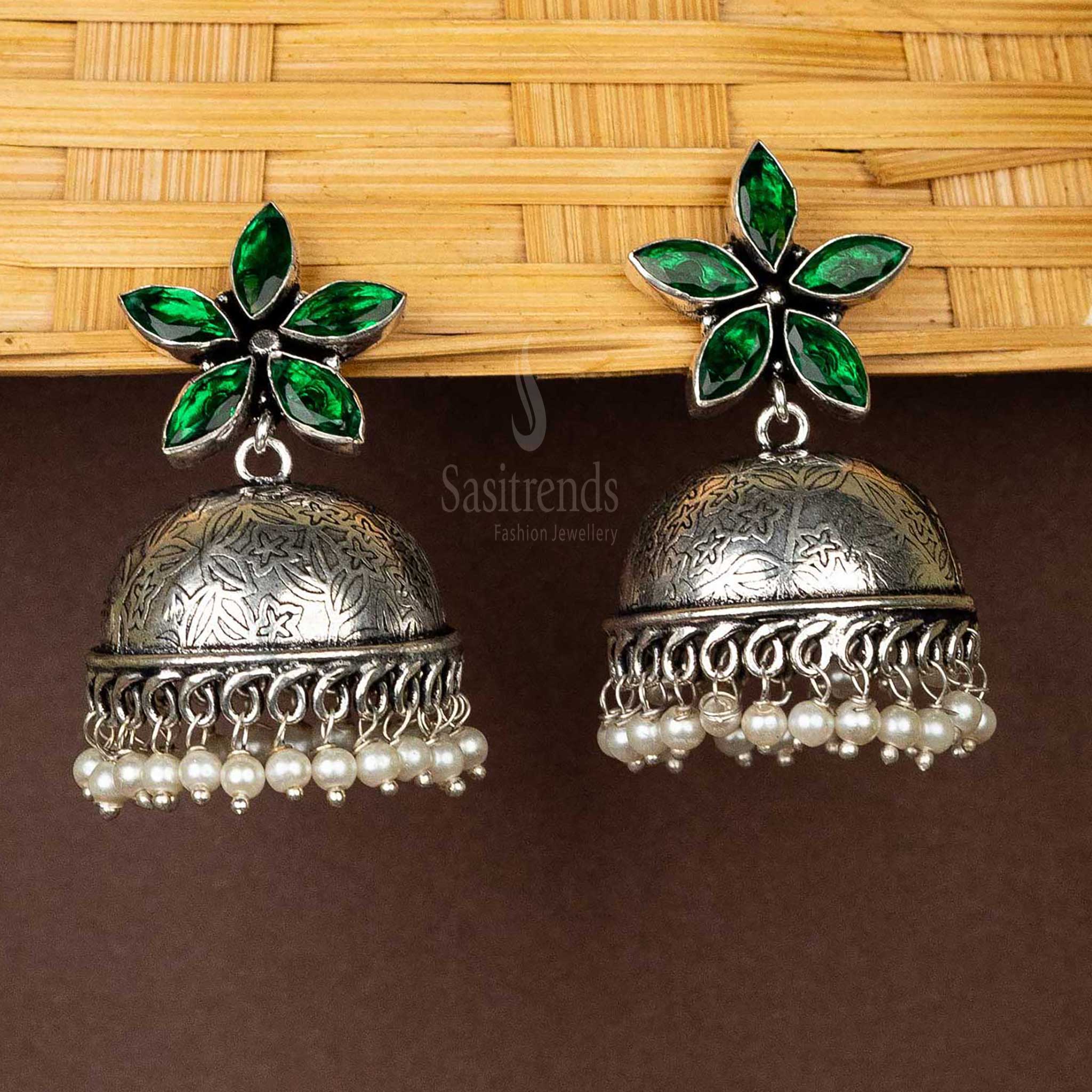 green-floral-top-jhumka-earrings-with-pearl-hanging