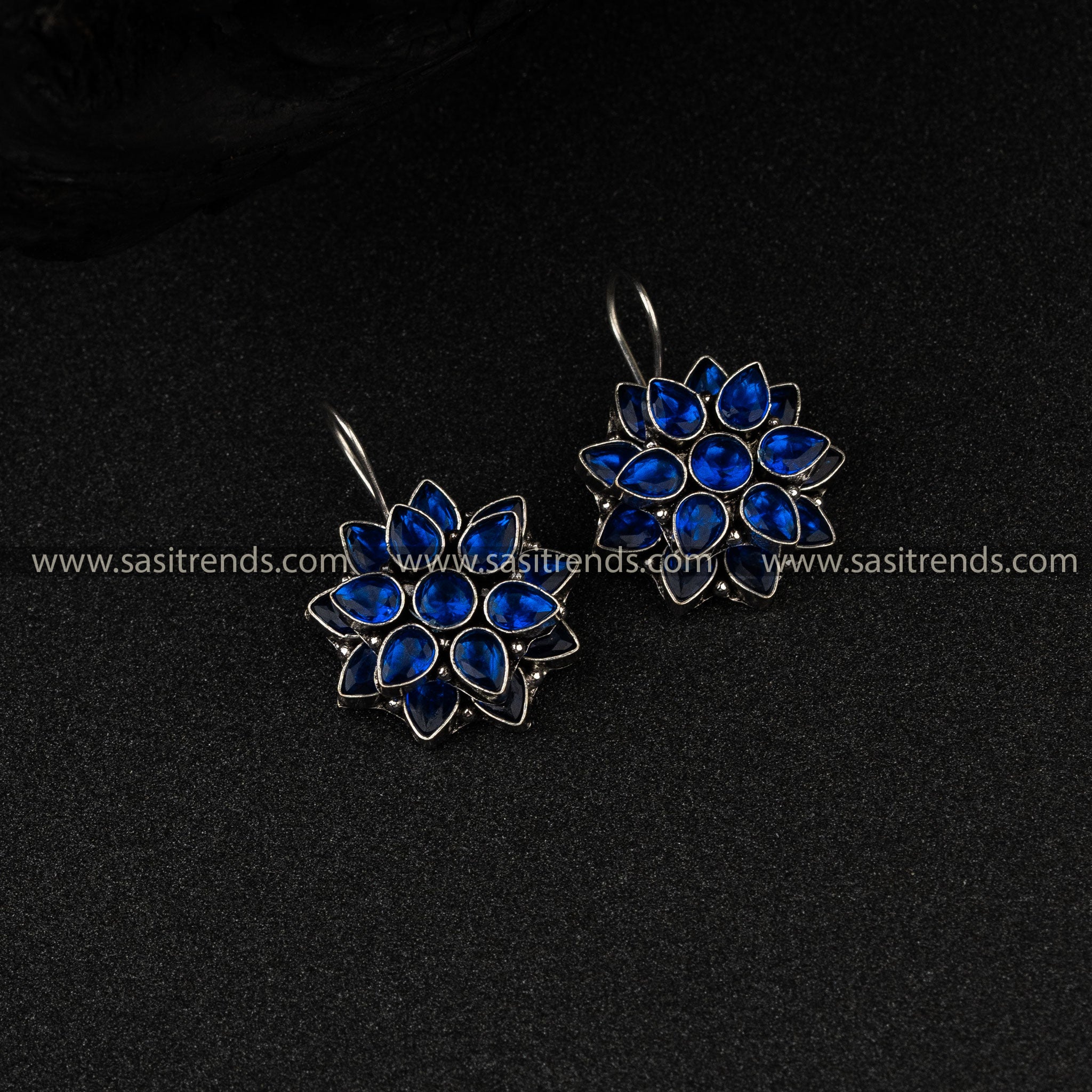 Double Flower Pattern AD Studded Oxidized German Silver Earrings