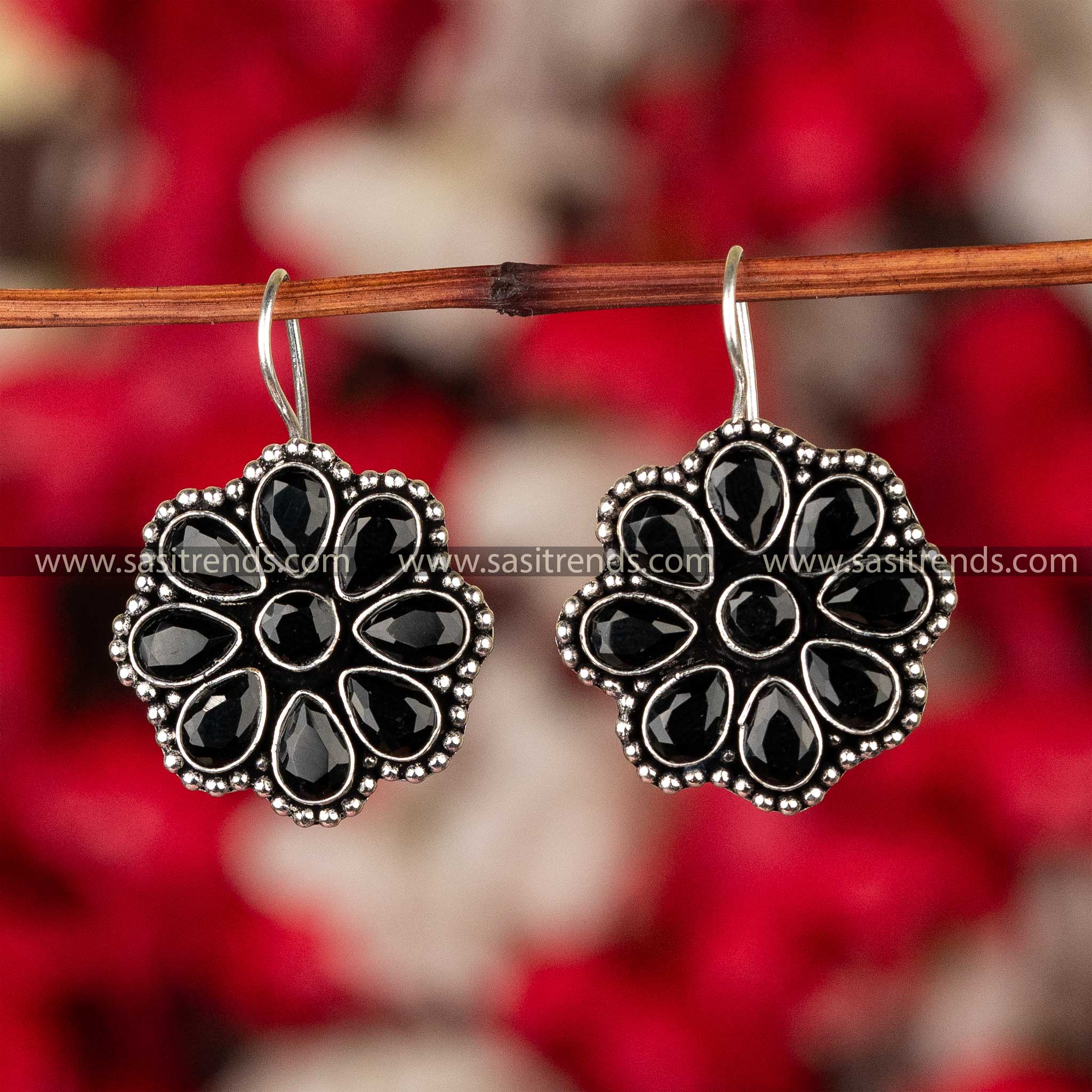 Onyx-Black-Glitter-Floral-Earrings