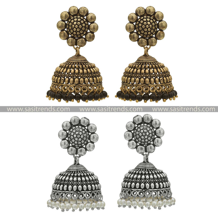 Elegant Oxidised Silver Jhumkas with Pearl Beading and Antique Gold Jhumkas with Black Beads Set Navarathiri Special Elegance