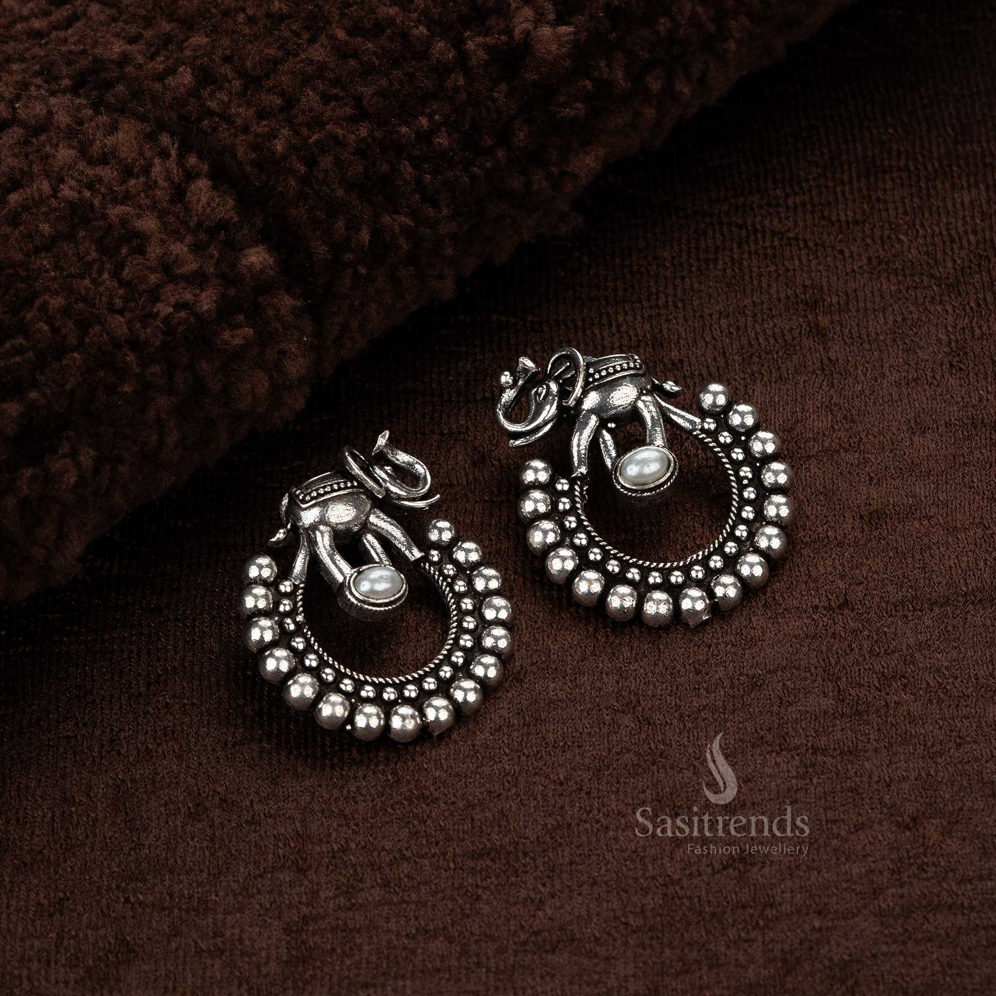 Elegant Elephant Designer Oxidised German Silver Earrings with Pearl - Sasitrends