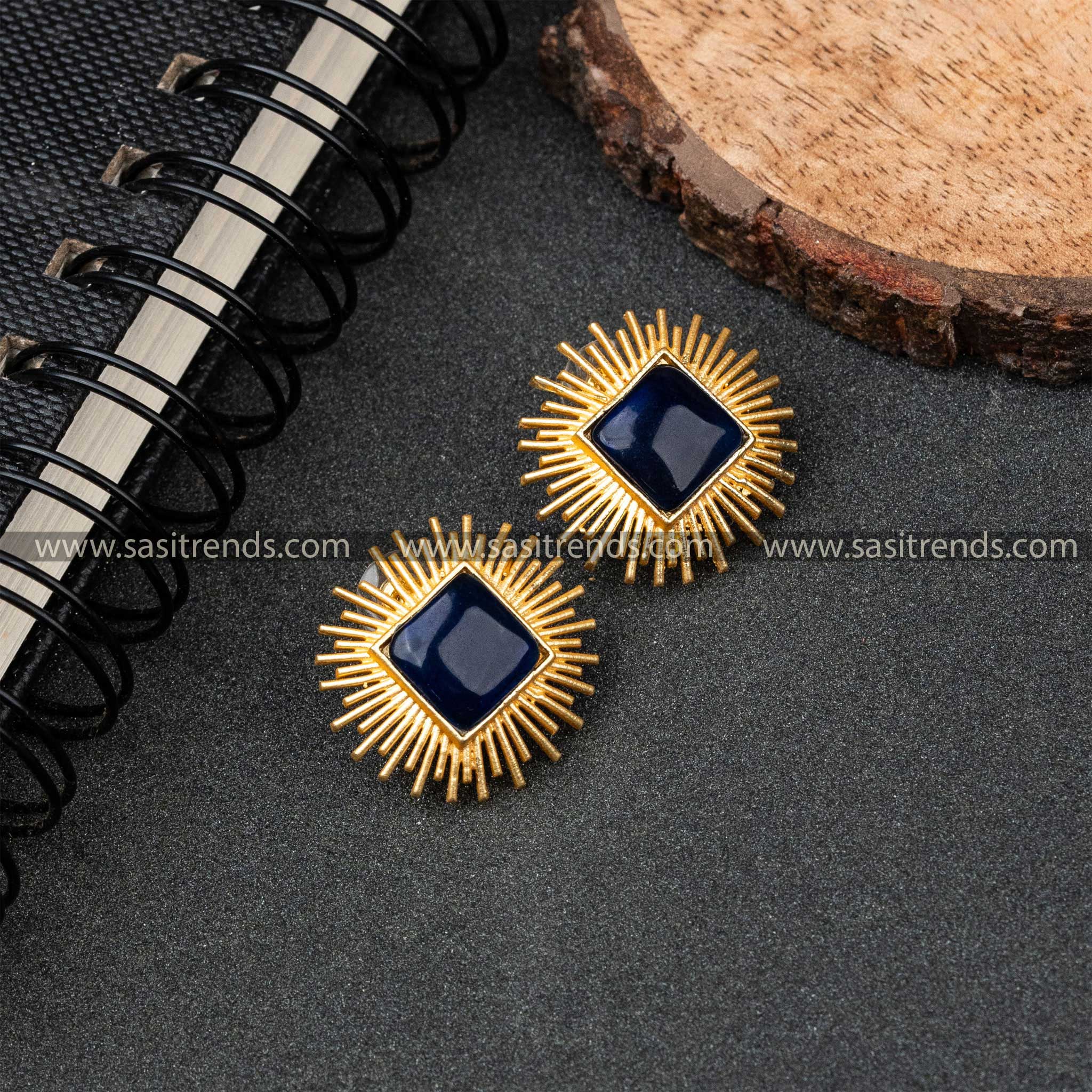 Elegant Gold Plated Blue Rectangle Monalisa Stone Push Back Earrings 