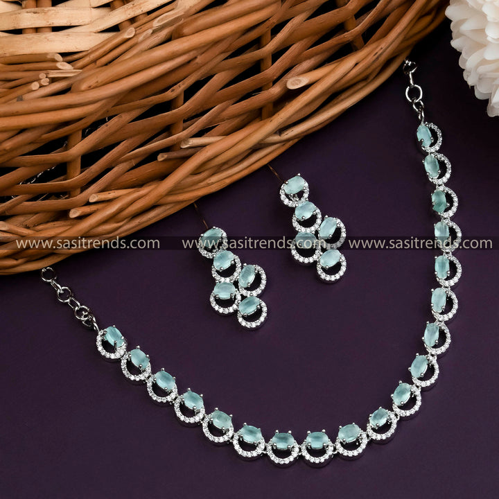 Latest Collection: Rhodium Silver Plated AD Necklace with Refreshing Mint Stones