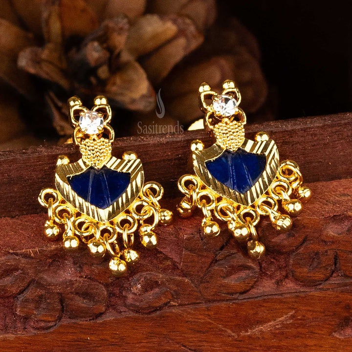 Elegant blue Palakka earrings featuring golden balls for a sophisticated touch