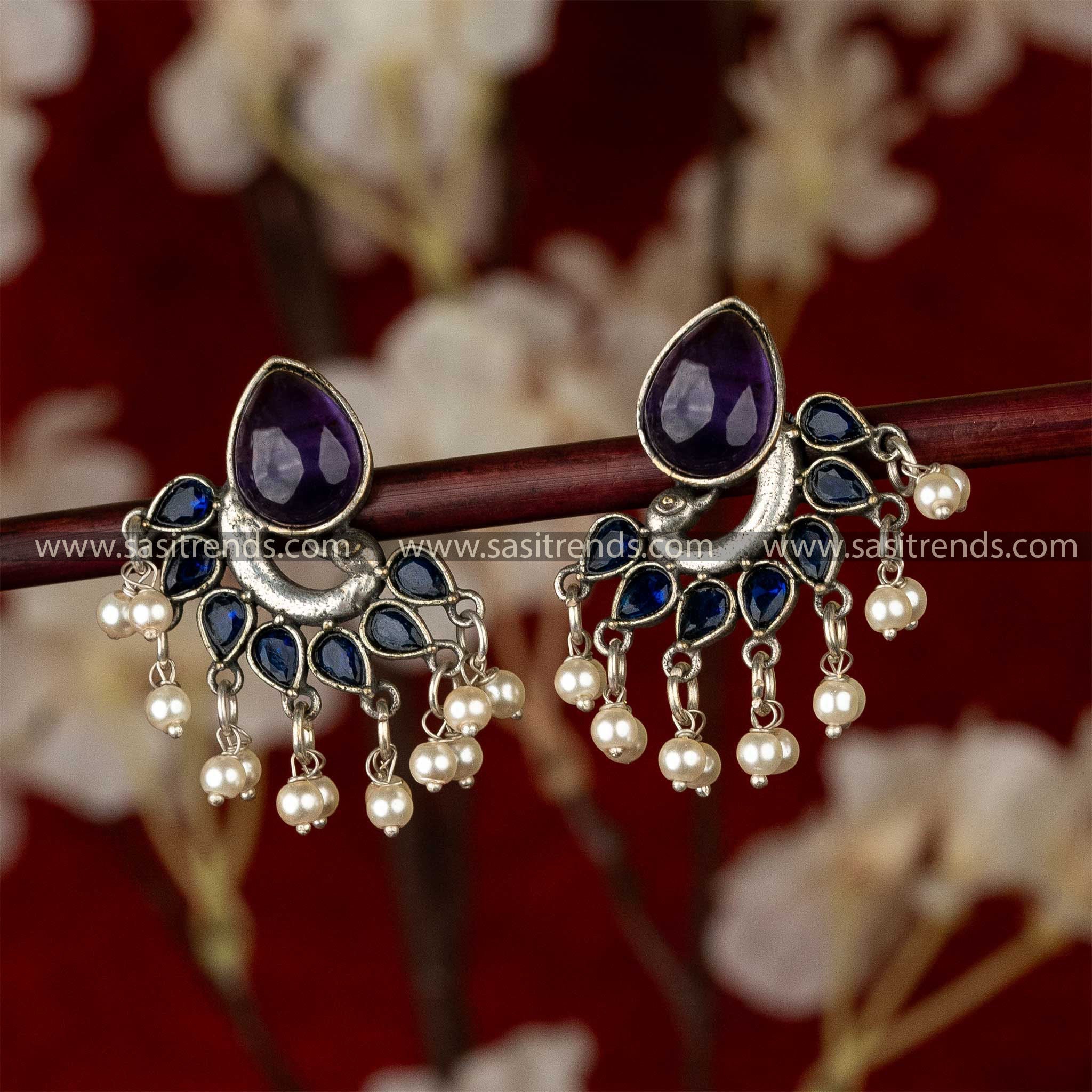 Elegant Oxidised Violet Blue Stones Peacock Pattern Pearl Earrings Sasitrends Online 