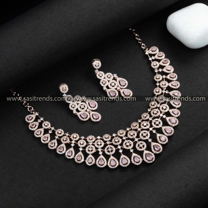 Latest Rose Gold Plated Pink American Diamond Stone Studded Necklace