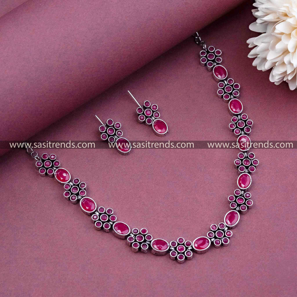 Ruby and Silver Necklace - Floral Design with Oxidised Silver Finish Jewellery - Fashion Accessory