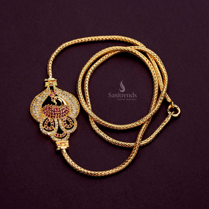 Guaranteed White-Ruby AD stone studded Peacock Mugappu Chain with micro gold plating and flexible chain - Sasitrends





