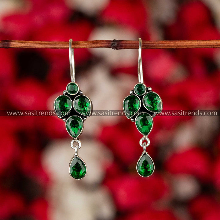 Glossy Green gemstone dangle earrings with oxidized detailing