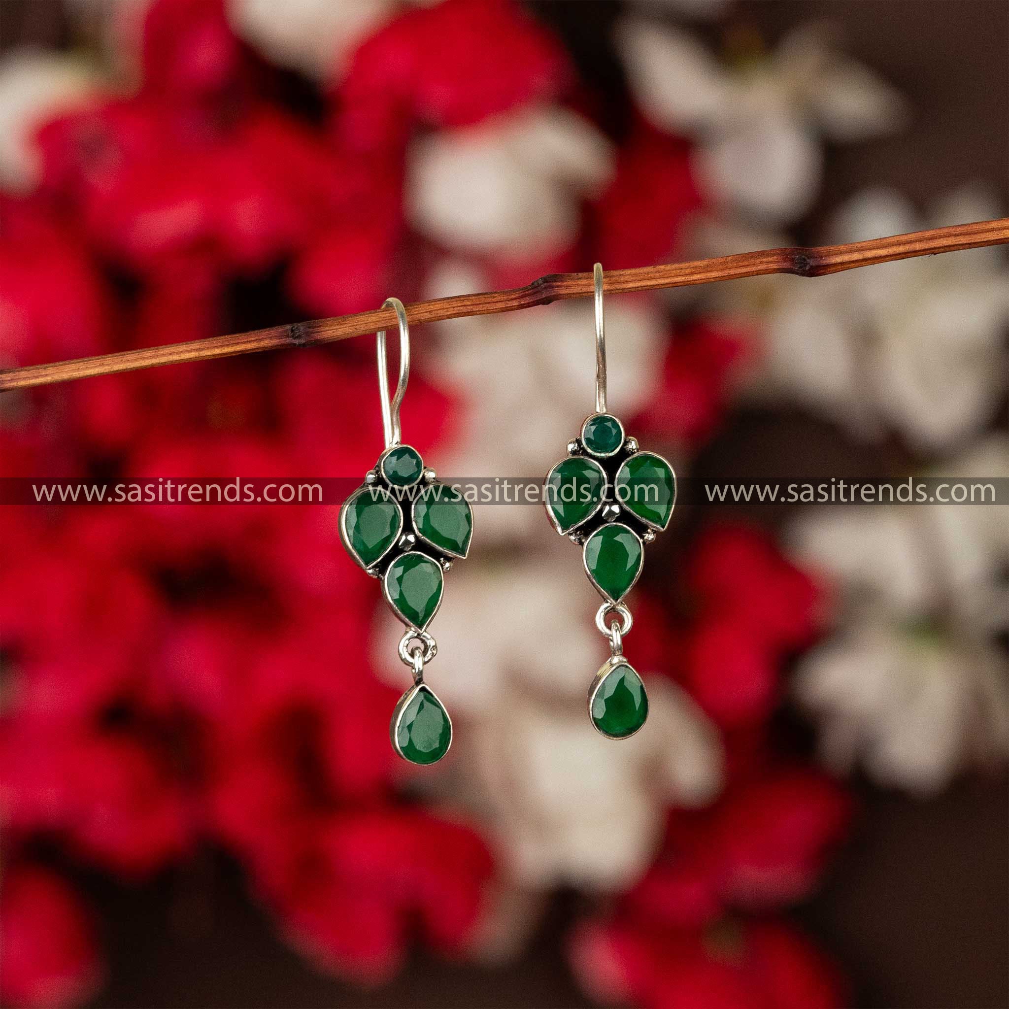 Green gemstone dangle earrings with oxidized vintage look