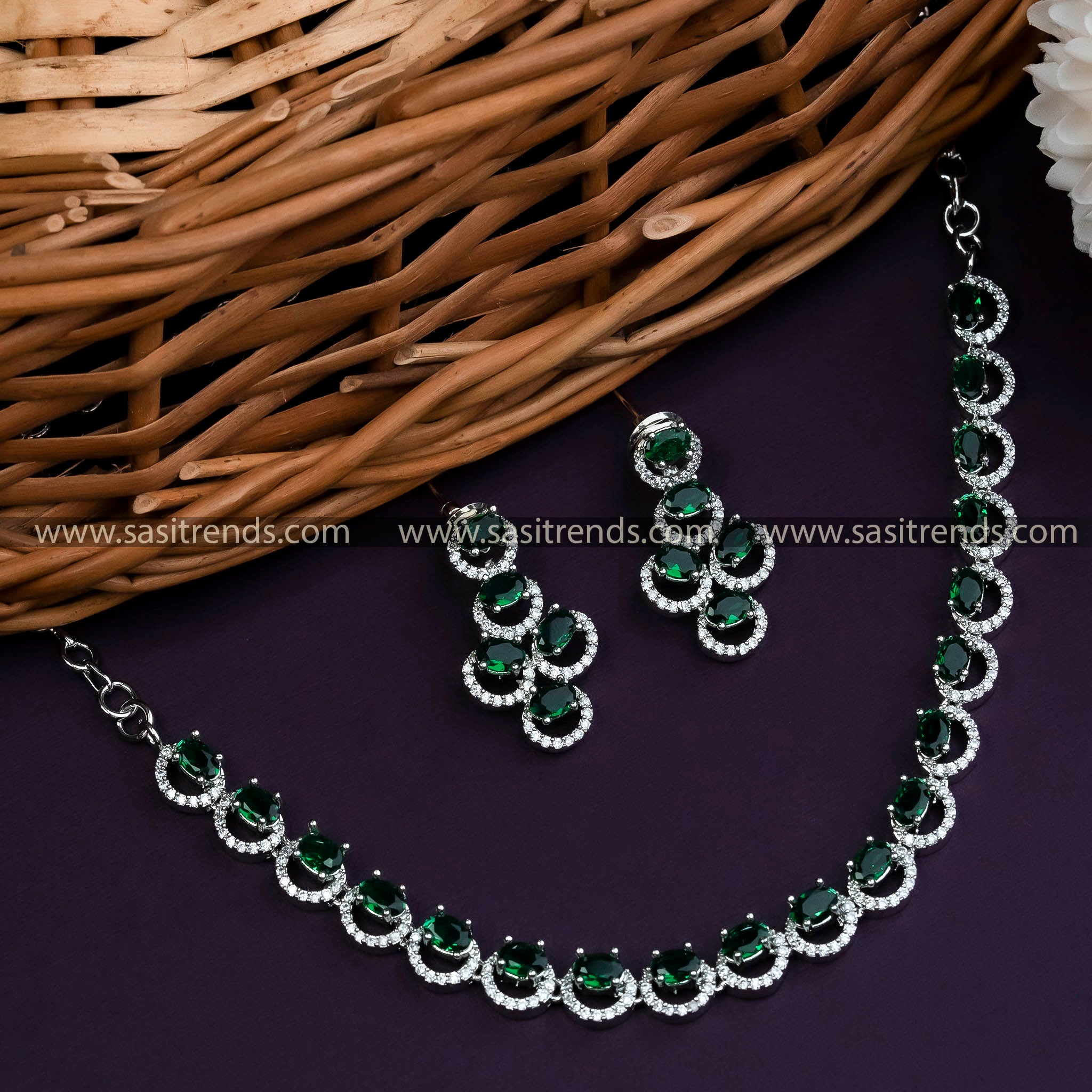 Elegant Rhodium Silver Necklace Studded with Rich Green Color Stones - New Arrival