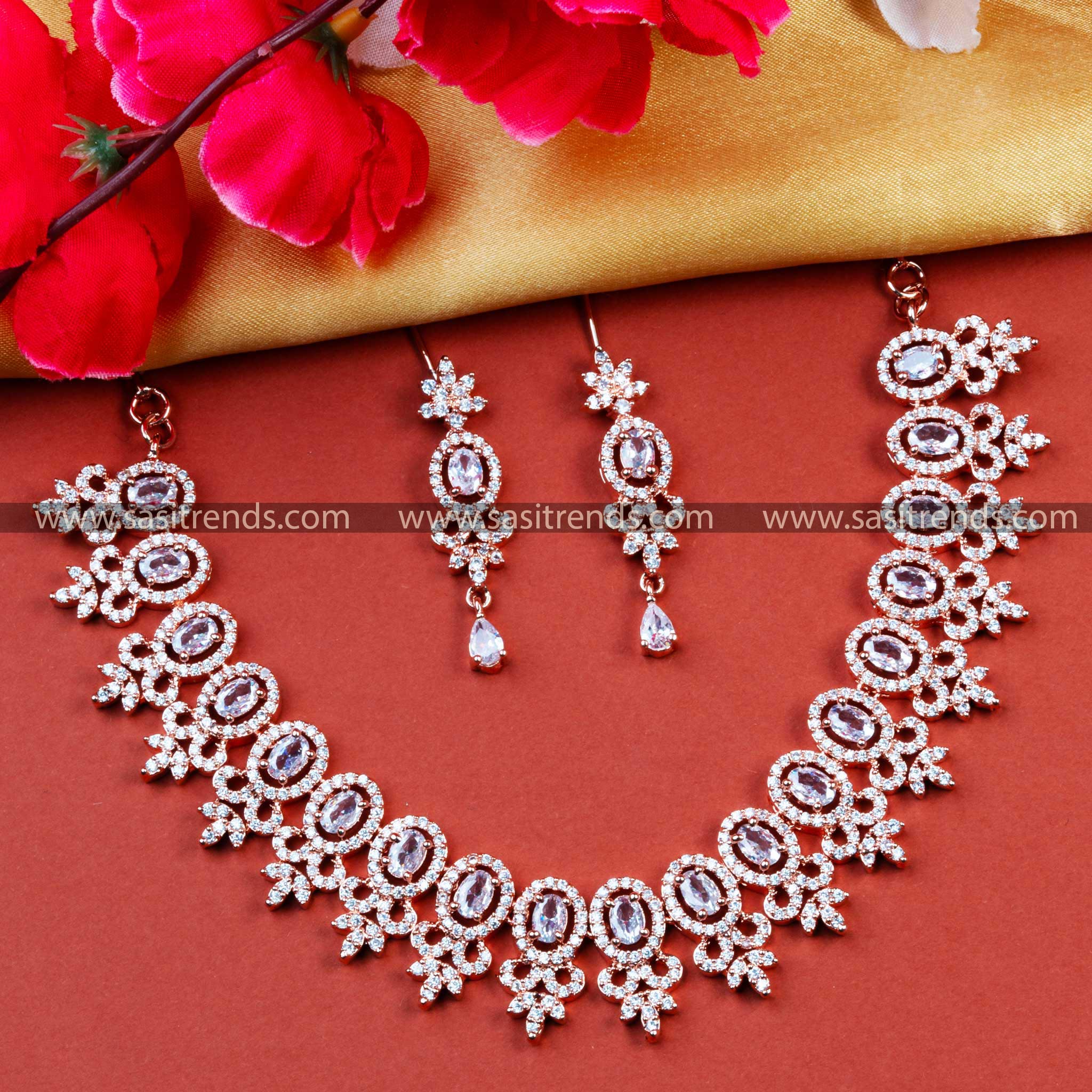 Elegant Rose Gold Party Wear AD Necklace Set with White Stone Motifs & Earrings - Rich Look Jewelry for Women