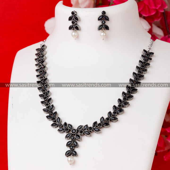 Black Stone Necklace Set with Floral Motif | Oxidised German Silver Party Wear Jewelry