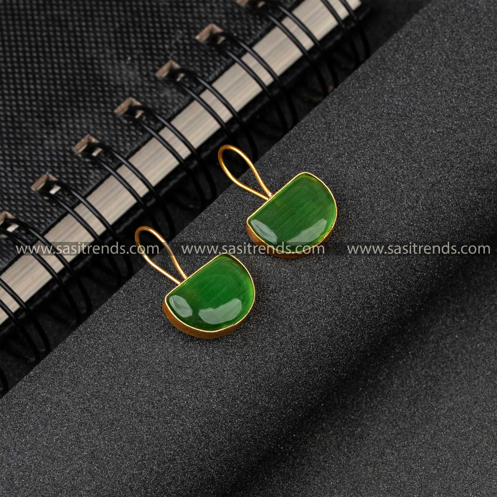 Festival Wear Gold Plated Light Green Monalisa Stone Fish Hook Earrings 