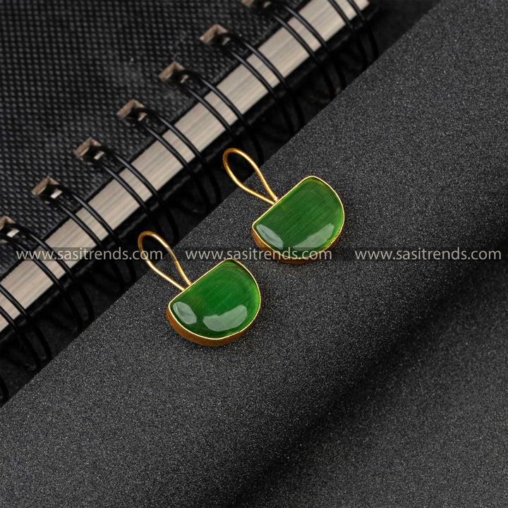 Festival Wear Gold Plated Light Green Monalisa Stone Fish Hook Earrings 