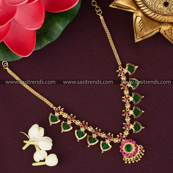 Kerala Traditional Palakka Necklace with Micro Gold Plating & Green/Pink Palakka Stones