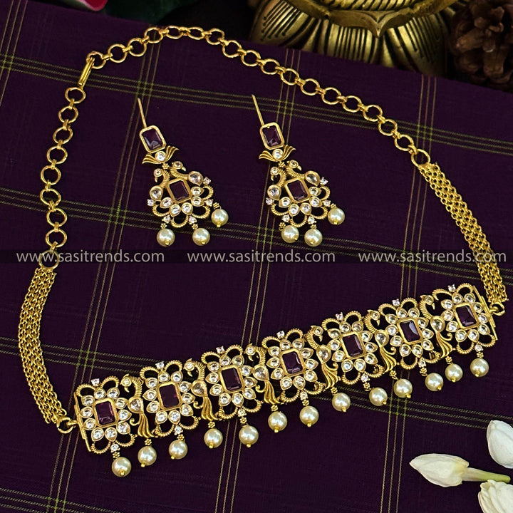 Elegant Temple Gold Plated Peacock Choker Necklace with Ruby Stones and Earrings