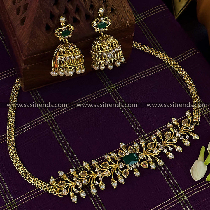 New Temple Matte Gold Plated Choker Pearl Jewellery Set with AD Stones and Pearl Jhumkas for Women | Sasitrends