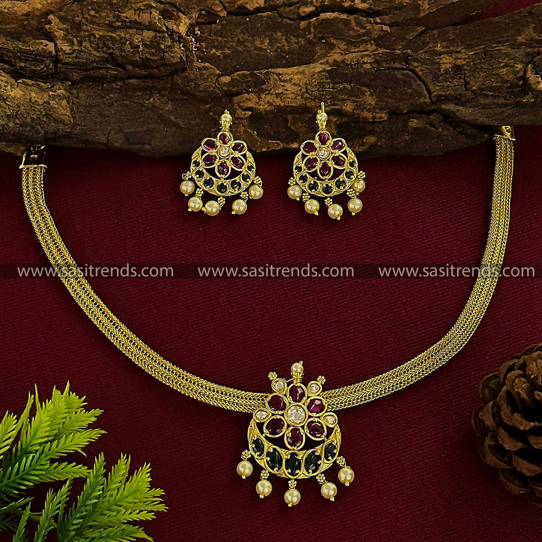 Temple Gold Plated Floral Chandbali Pendant Attigai Necklace Set