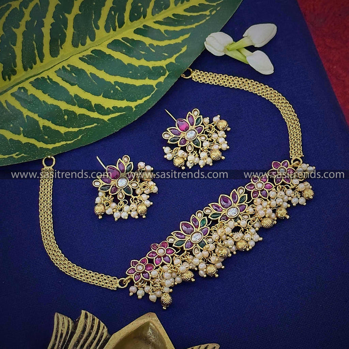 Trendy Lotus Pattern Temple Matte Gold Plated Pearl Choker AD Jewellery Set | Sasitrends