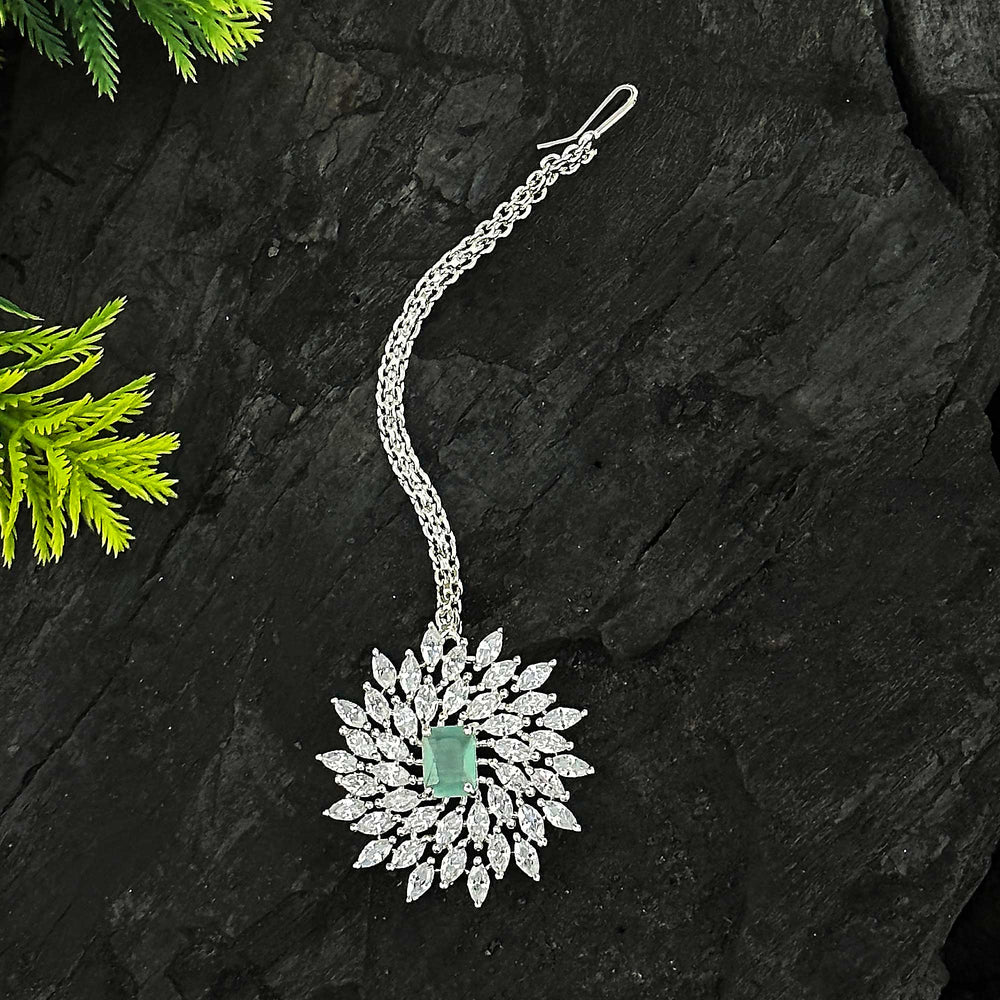 Enchanting Rhodium Silver Plated Maang Tikka with Mint Stones | Floral Motif & American Diamonds