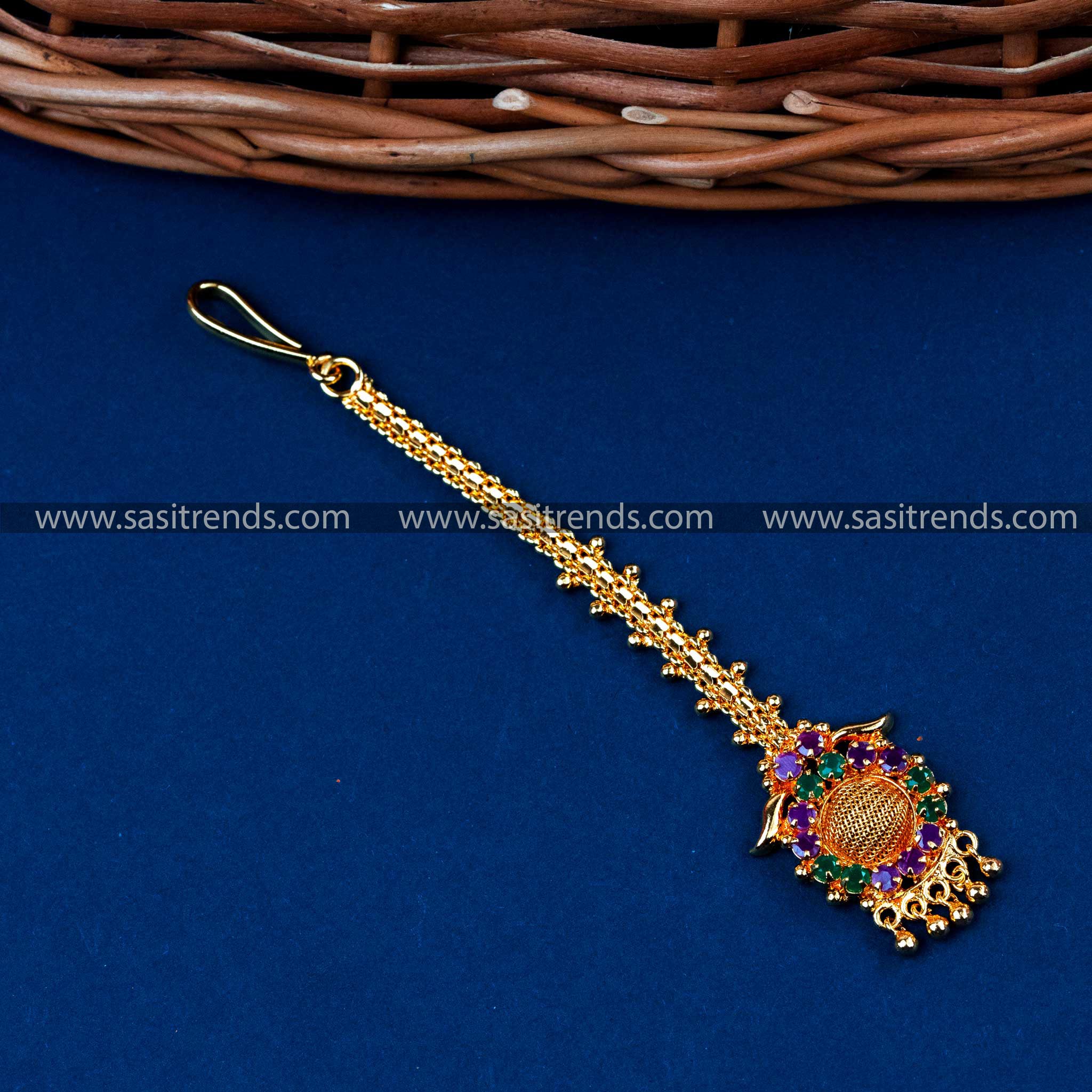 Elegant Gold Plated Maang Tikka with Ruby Green Color Stone & AD Stones