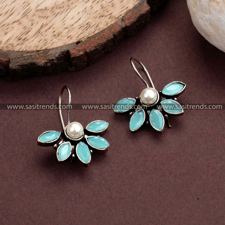 Stylish Oxidized German Silver Hook Earrings with Mint Stones - Trendy Office Wear Collection for Wome