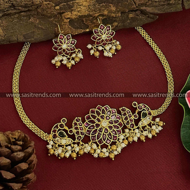 Trendy Temple Matte Gold Tone Peacock Floral Choker Jewellery Set with American Diamond Stones | Sasitrends