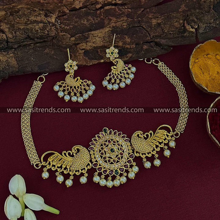 Latest Bridal Wear Temple Matte Gold Tone AD Peacock Floral Choker Jewellery Set with Pearl | Sasitrends